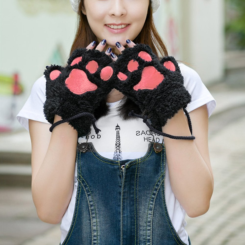 Loritta 2 Pairs Cat Paw Winter Plush Faux Fur Cute Kitten Fingerless Mittens Gloves,Black+Gray(2 Pairs)