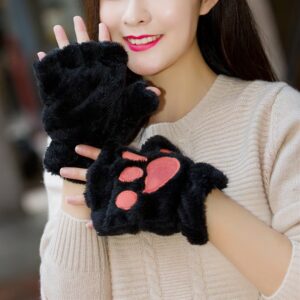 Loritta 2 Pairs Cat Paw Winter Plush Faux Fur Cute Kitten Fingerless Mittens Gloves,Black+Gray(2 Pairs)