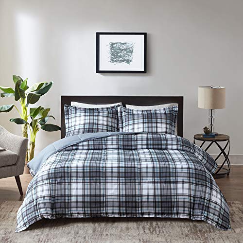 Madison Park Essentials Parkston Plaid Comforter, Matching Sham, 3M Scotchguard Stain Release Cover, Hypoallergenic All Season Bedding-Set, Full/Queen, Grey, 3 Piece