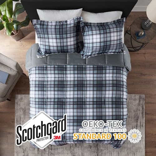 Madison Park Essentials Parkston Plaid Comforter, Matching Sham, 3M Scotchguard Stain Release Cover, Hypoallergenic All Season Bedding-Set, Full/Queen, Grey, 3 Piece