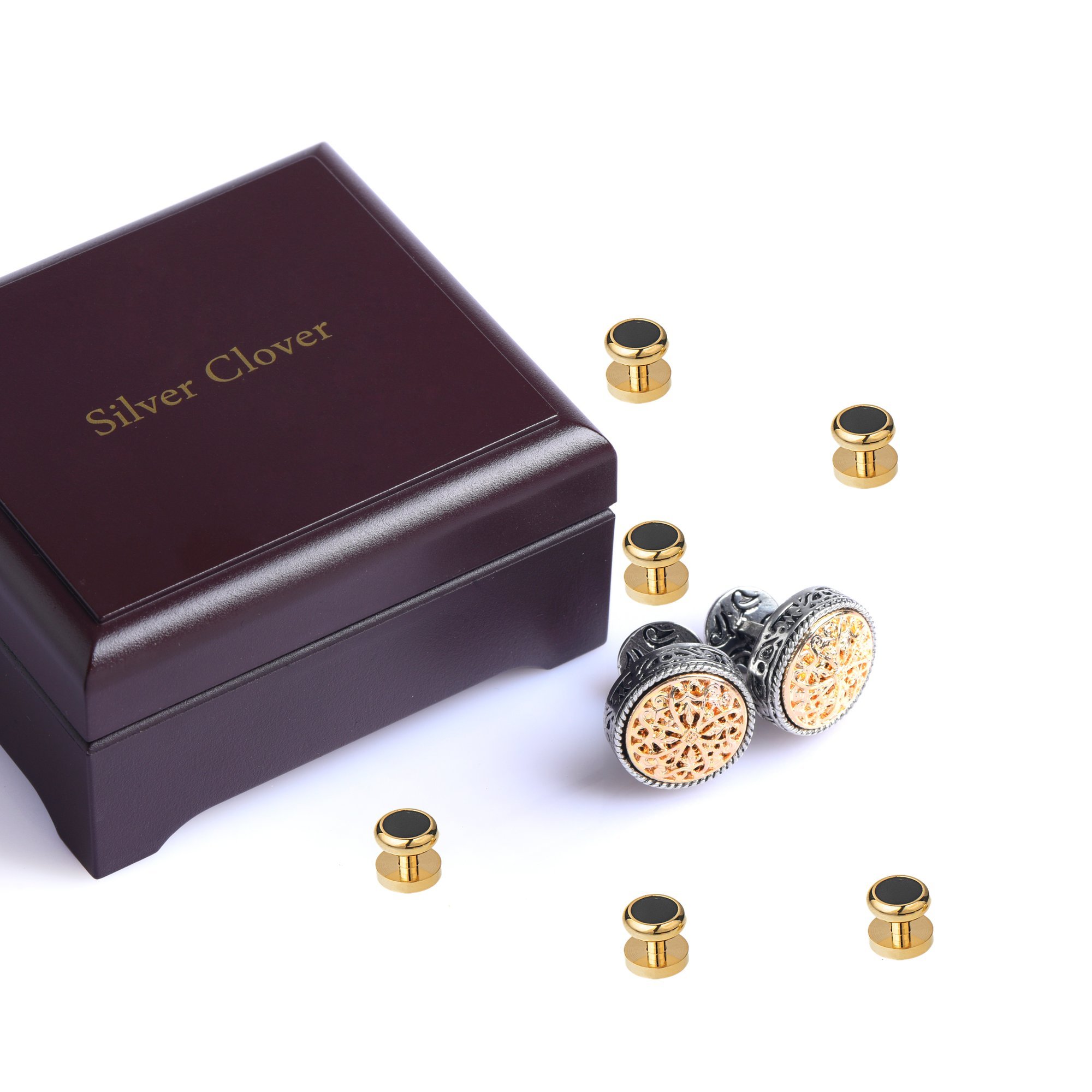 Tuxedo Studs and Cufflinks Set, Men's Cuff Links for Wedding, Business, Platinum Plated with Luxury Wooden Gift Box (Gold)