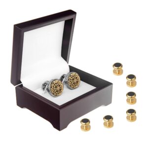 Tuxedo Studs and Cufflinks Set, Men's Cuff Links for Wedding, Business, Platinum Plated with Luxury Wooden Gift Box (Gold)