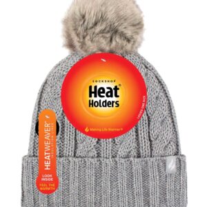 Heat Holders - Womens Thick Knit Thermal Winter Warm Beanie Hat with Pom Pom (One Size, Light Grey)