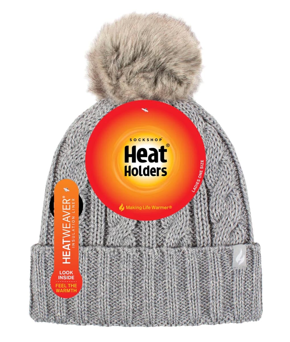 Heat Holders - Womens Thick Knit Thermal Winter Warm Beanie Hat with Pom Pom (One Size, Light Grey)