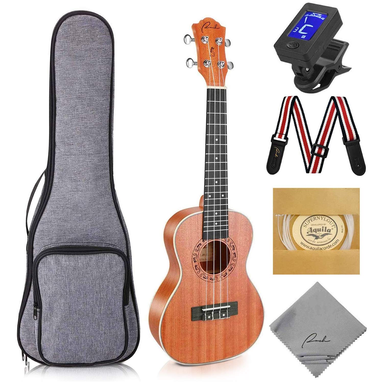 Ranch Concert Ukulele 23 inch Professional Wooden Ukelele Kit with 12 Online Lessons, Gig Bag, Tuner, Strap, Aquila Strings Set