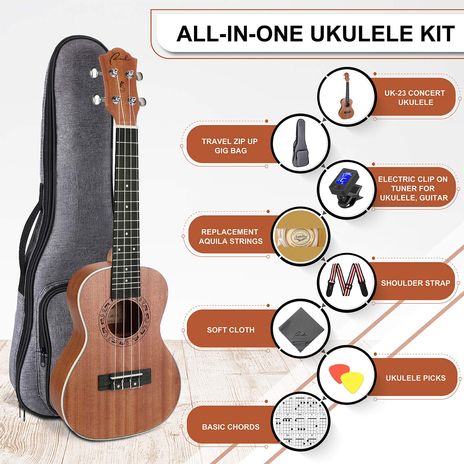 Ranch Concert Ukulele 23 inch Professional Wooden Ukelele Kit with 12 Online Lessons, Gig Bag, Tuner, Strap, Aquila Strings Set