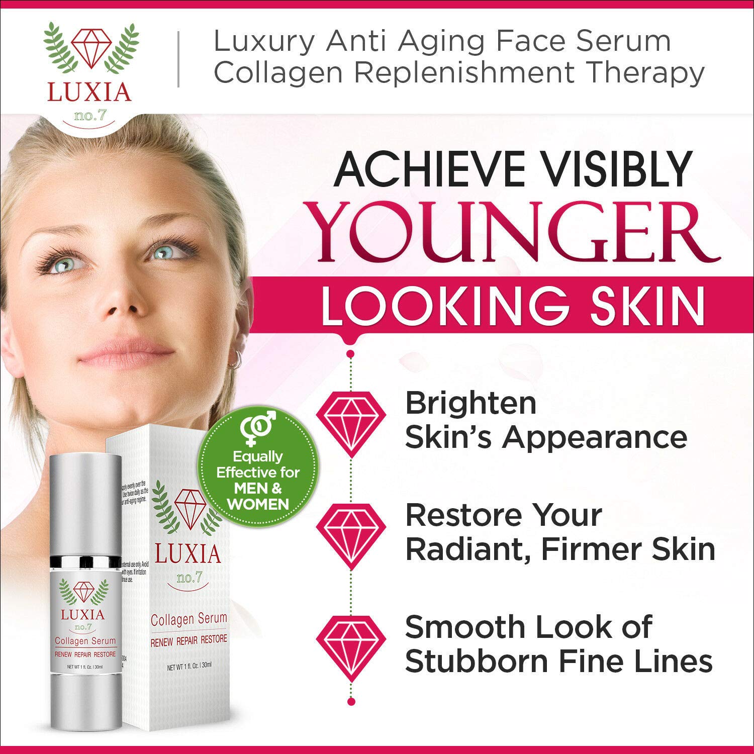 Luxia Skincare- Collagen Serum-Luxury Anti Aging Face Serum Treatment Formula for Men and Women. Effective for Fine Lines and Under Eye Wrinkles.