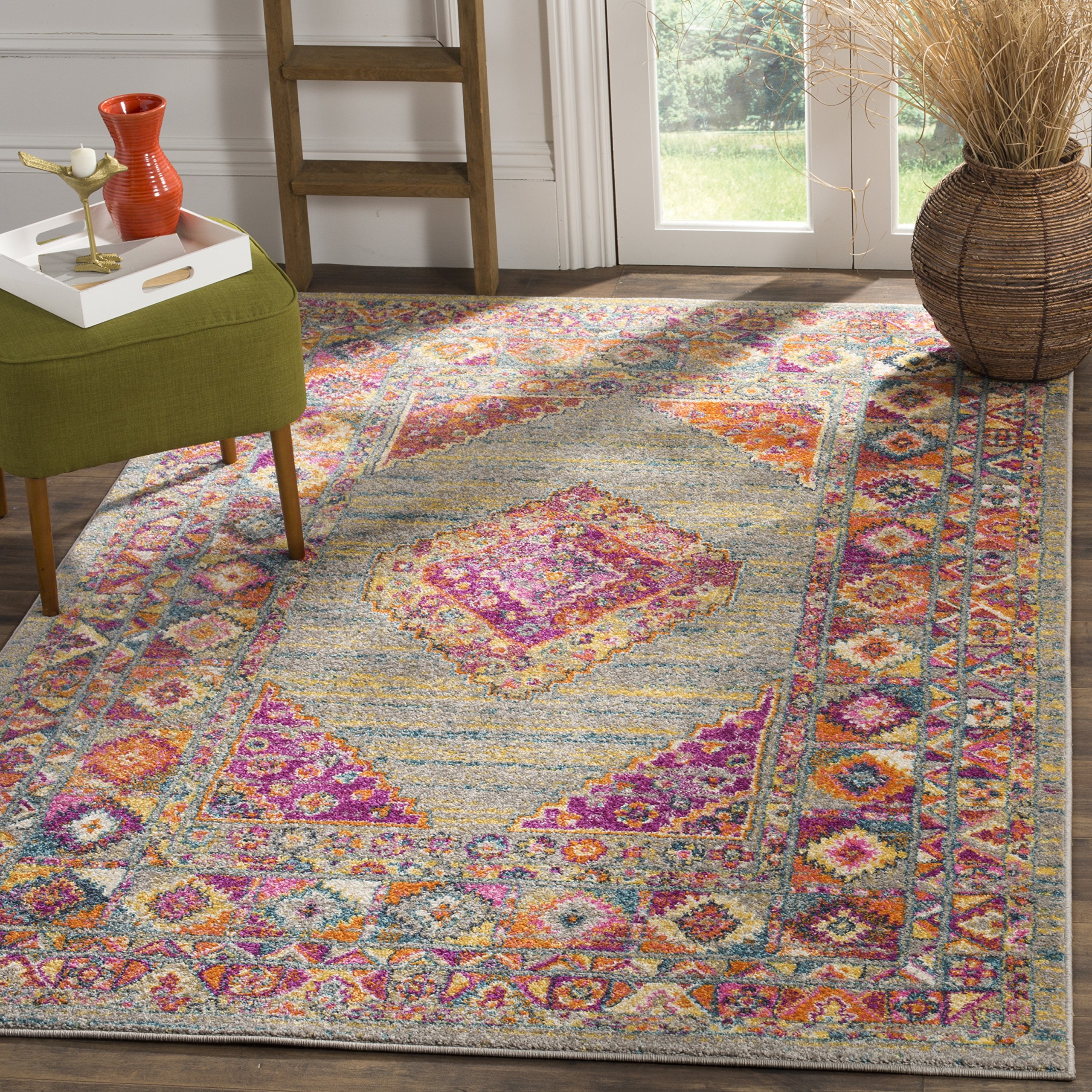 SAFAVIEH Madison Collection Area Rug - 8' x 10', Light Grey & Fuchsia, Boho Chic Medallion Design, Non-Shedding & Easy Care, Ideal for High Traffic Areas in Living Room, Bedroom (MAD133G)