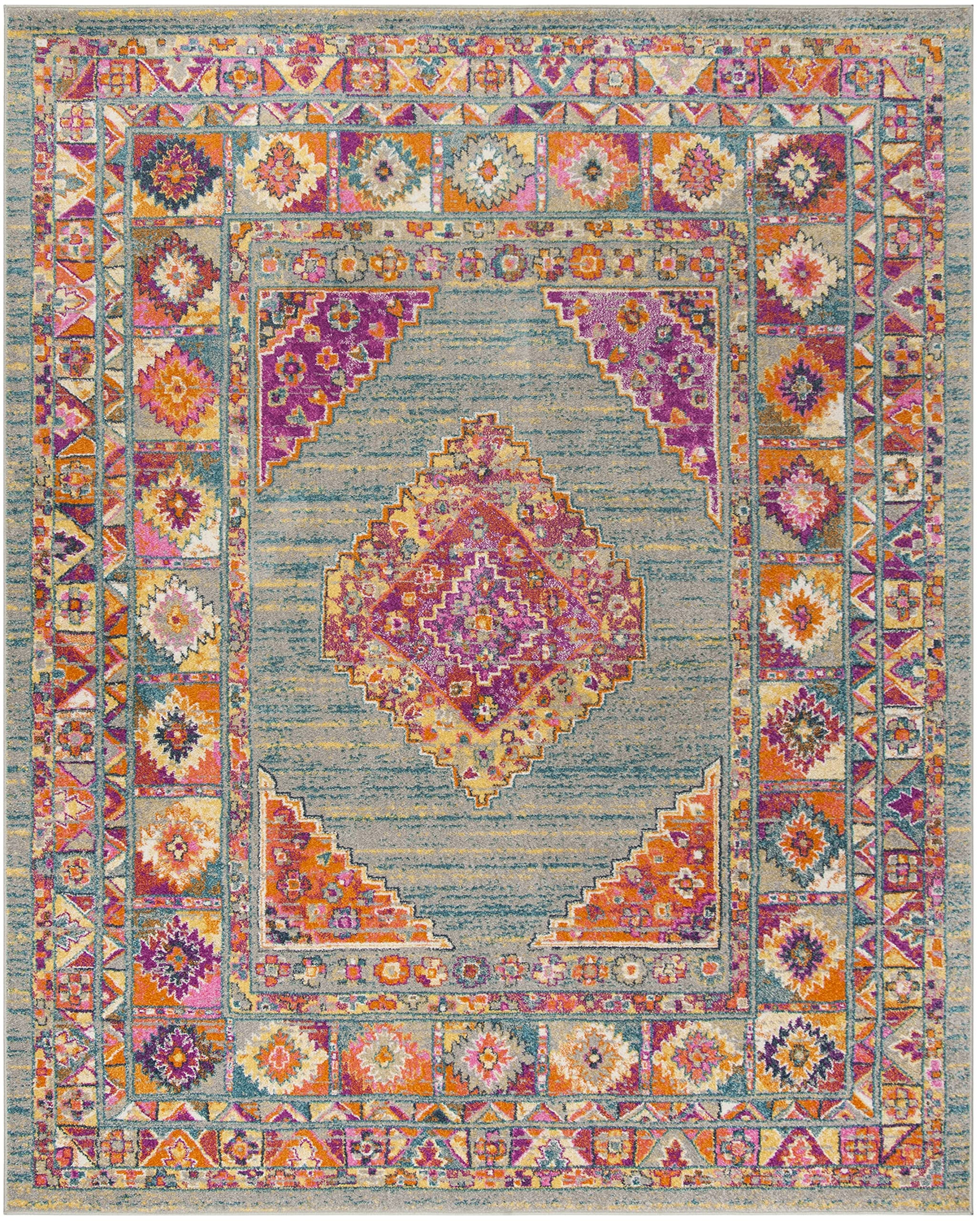 SAFAVIEH Madison Collection Area Rug - 8' x 10', Light Grey & Fuchsia, Boho Chic Medallion Design, Non-Shedding & Easy Care, Ideal for High Traffic Areas in Living Room, Bedroom (MAD133G)