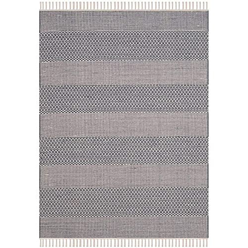 SAFAVIEH Montauk Collection Area Rug - 9' x 12', Ivory & Anthracite, Handmade Flat Weave Boho Farmhouse Cotton Tassel Fringe, Ideal for High Traffic Areas in Living Room, Bedroom (MTK330N)