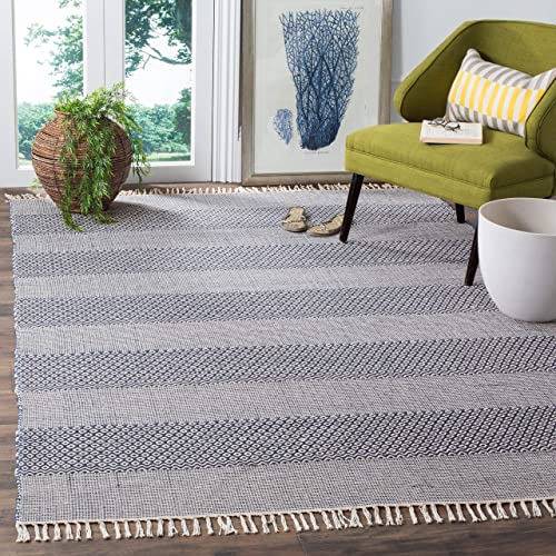 SAFAVIEH Montauk Collection Area Rug - 9' x 12', Ivory & Anthracite, Handmade Flat Weave Boho Farmhouse Cotton Tassel Fringe, Ideal for High Traffic Areas in Living Room, Bedroom (MTK330N)