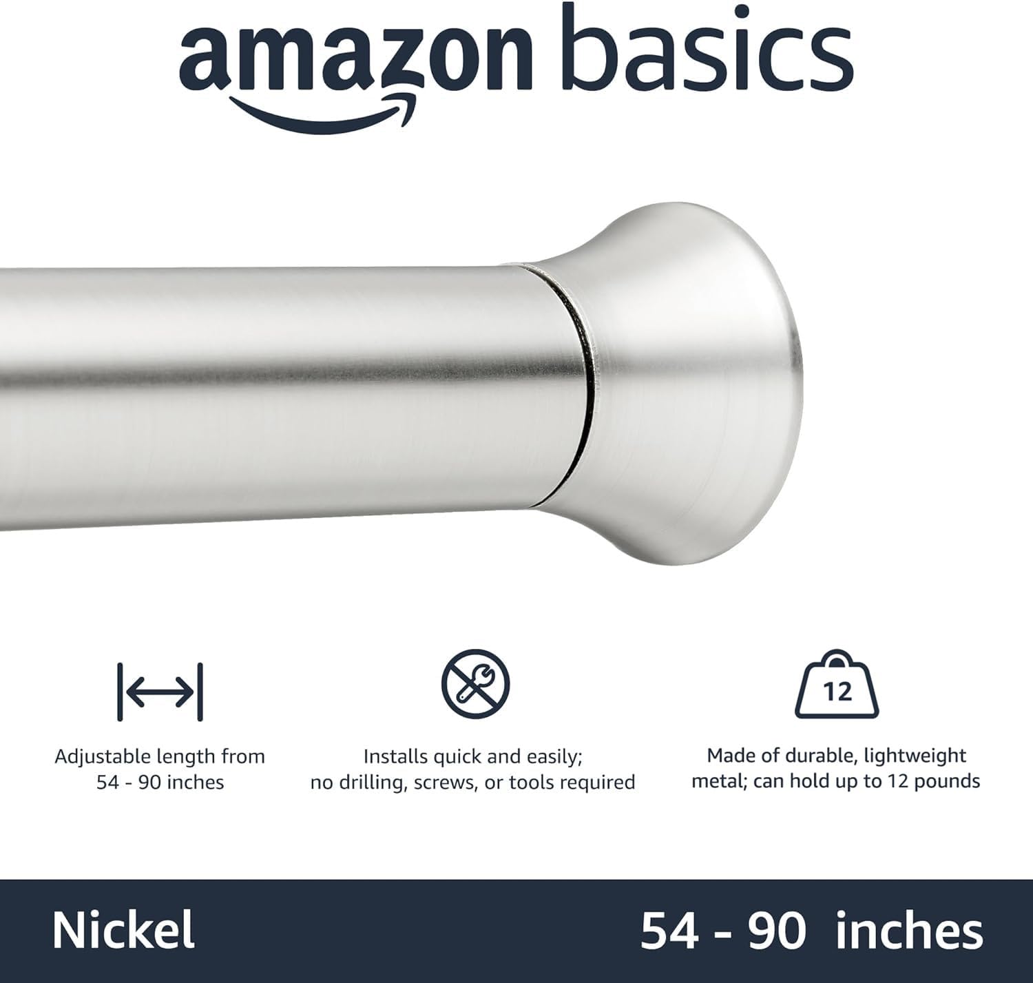 Amazon Basics Tension Curtain Rod, Adjustable 54-90" Width - Nickel, Classic Finial