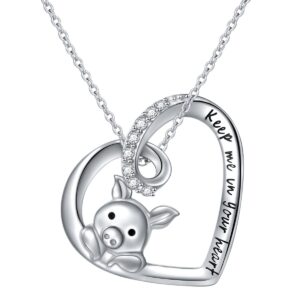 FLYOW 925 Sterling Silver Cubic Zirconia Engraved Keep Me in Your Heart Cute Pig Heart Pendant Necklace for Women Birthday Graduation Gifts