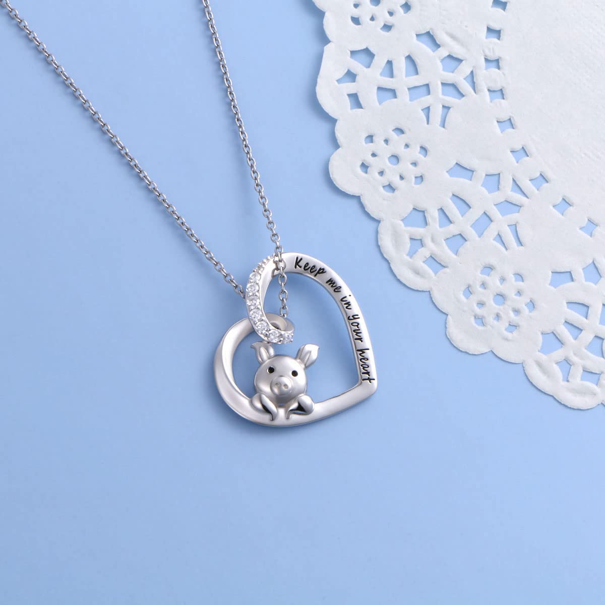 FLYOW 925 Sterling Silver Cubic Zirconia Engraved Keep Me in Your Heart Cute Pig Heart Pendant Necklace for Women Birthday Graduation Gifts