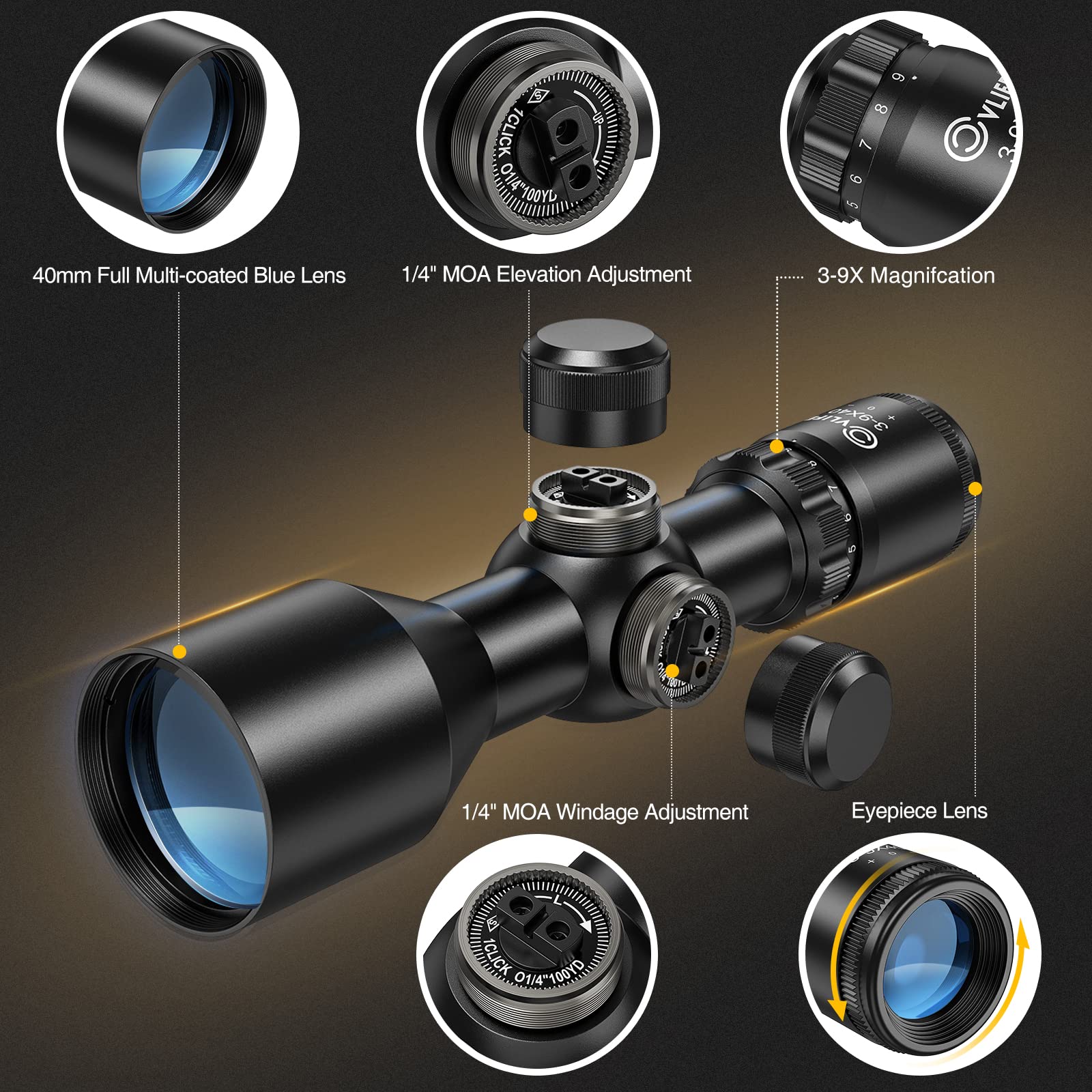 CVLIFE 3-9x40 Compact Rifle Scope Crosshair Reticle with Mounts for Quick Aiming