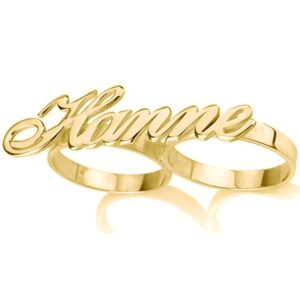 Ouslier Personalized 925 Sterling Silver Two Fingers Name Ring Custom Made with Any Names (Golden)