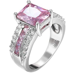 XAHH Womens Platinum Plated Pink Solitaire CZ Crystal Square Cut Ring Engagement Wedding Band 8