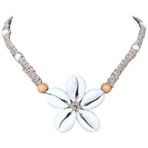 bluerica cowrie shells flower pendant on braided hemp cord choker necklace with puka shell beads