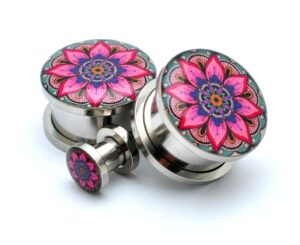 mystic metals body jewelry screw on plugs - flower mandala picture plugs - sold as a pair (5/8" (16mm))