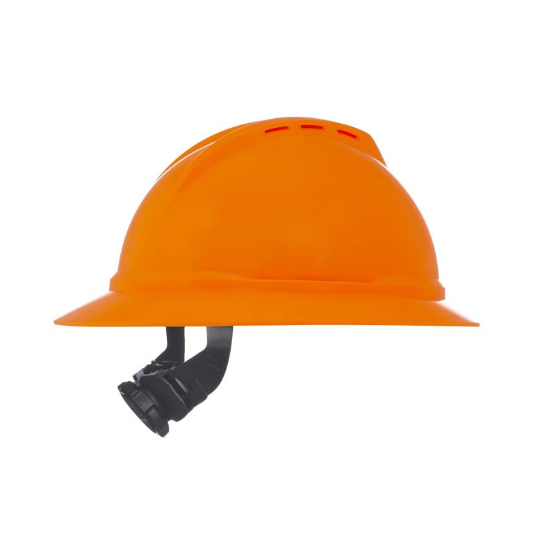 MSA 10167921 V-Gard 500 Full-Brim Hard Hat With Fas-Trac III Ratchet Suspension | Polyethylene Shell, Superior Impact Protection, Self Adjusting Crown Straps - Standard Size in Hi-Viz Orange