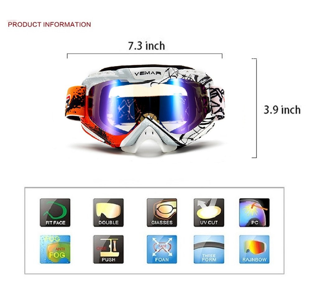 Wonzone Windproof Dustproof Motorcycle Cross Country Sunglasses Snowboard Ski Goggles Adjustable UV Protective Outdoor Glasses Anti-Fog Eyewear Combat Skiing Snow Goggles (Blue)