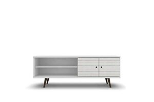 manhattan comfort liberty mid century modern tv stand for televisions up to 60 inches, bedroom and living room entertainment center with storage, shelves, and cabinet, 63" wide, white