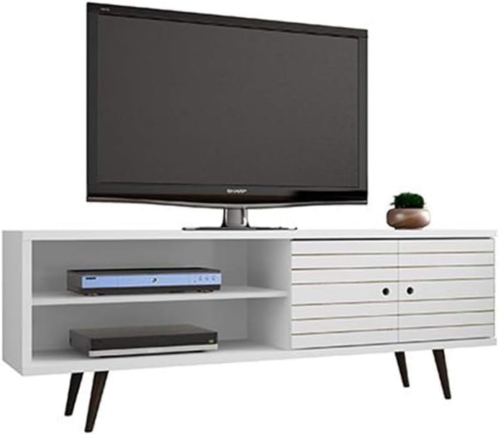 Manhattan Comfort Liberty Mid Century Modern TV Stand for Televisions up to 60 Inches, Bedroom and Living Room Entertainment Center with Storage, Shelves, and Cabinet, 63" Wide, White