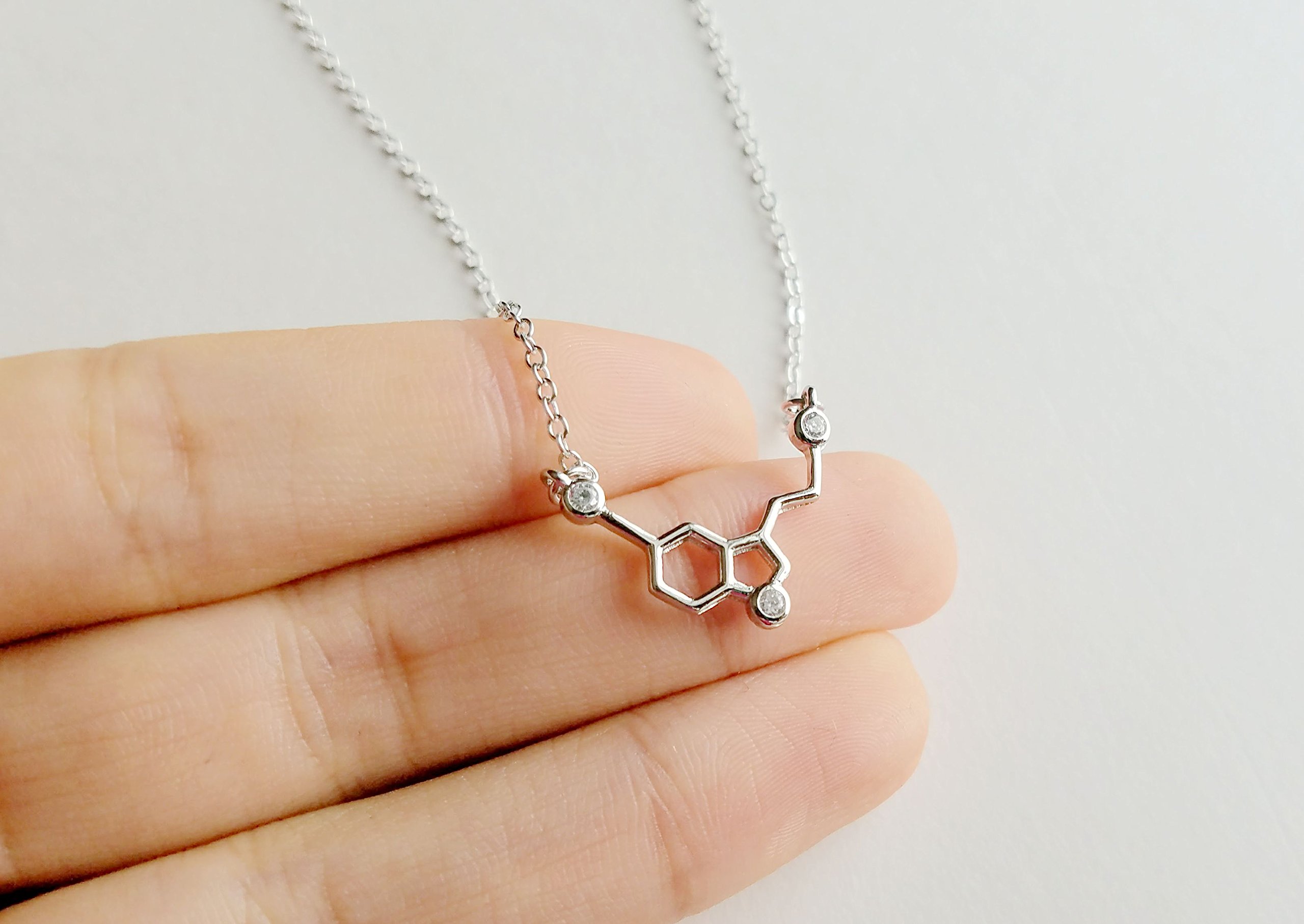 Happiness Serotonin Molecule Necklace With Gems For Women, Ideal Necklaces For Teacher, Professor, Chemistry Grad, And Science Jewelry Lovers (White)