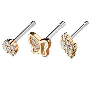 BodyJ4You 3PCS 20G Nose Ring Bone Stud Set Surgical Steel Rose Goldtone Pin Piercing Value Pack