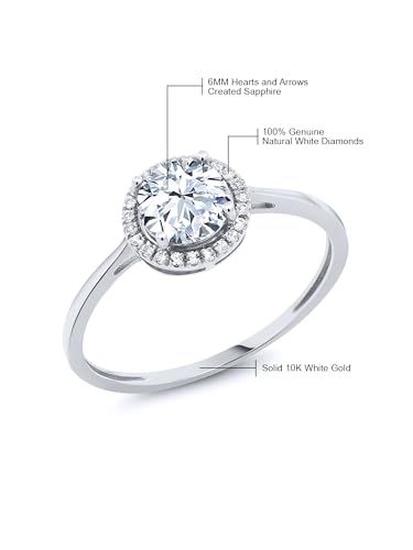 Gem Stone King 10K White Gold Gemstone Birthstone & Diamond Halo Promise Wedding Engagement Ring | Round 6MM | White Gold Ring For Women