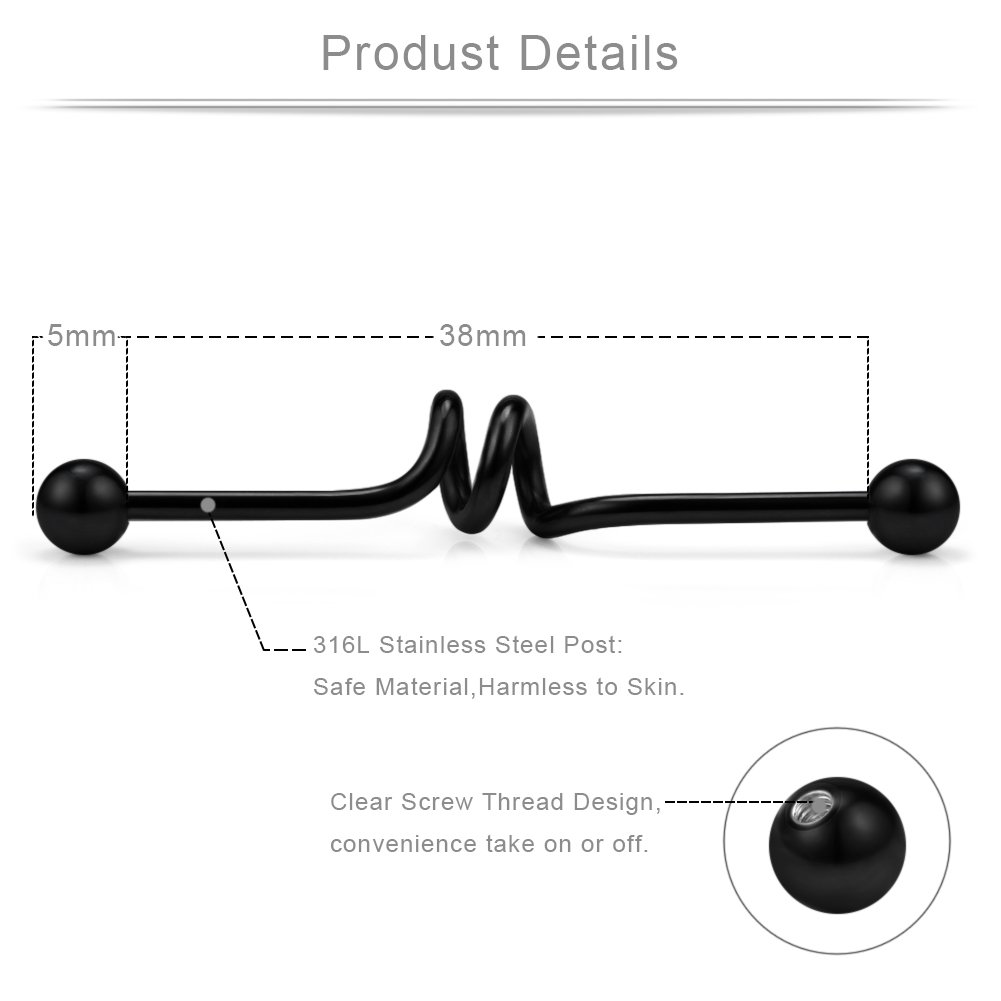 Ruifan 6PCS Industrial Barbell Earring Stainless Steel 14 Gauge Cartilage Earring Body Piercing 1 1/2 Inch(38mm)- Straight,Coil,Wave,Twister,Spiral,Heart(Black)