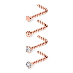 Ruifan 4PCS 18G 316L Surgical Steel 2mm Top Flat & Ball & Clear Round & Square CZ Curved Nose Stud Ring L Shaped Piercing Jewelry - Rose Gold