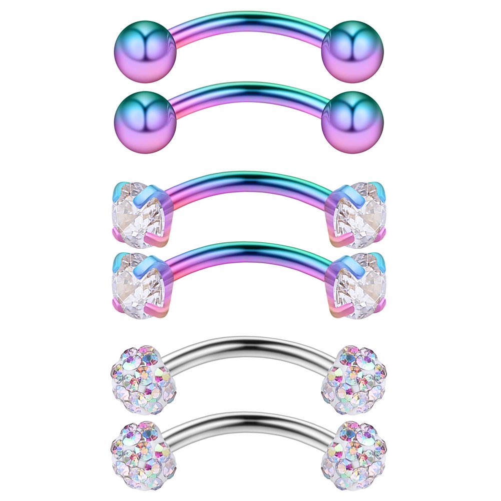 Ruifan 3PRS 16G 3/8" (10MM) Stainless Steel 3mm CZ/Gems/Ball Curved Barbell Eyebrow Tragus Lip Belly Ring Piercing Jewelry - Rainbow