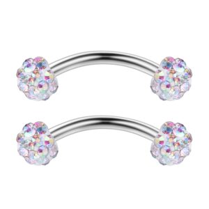 Ruifan 3PRS 16G 3/8" (10MM) Stainless Steel 3mm CZ/Gems/Ball Curved Barbell Eyebrow Tragus Lip Belly Ring Piercing Jewelry - Rainbow