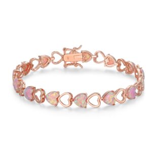 morgan & paige 14k rose gold plated .925 sterling silver created pink opal heart tennis prong setting bracelet, 7-1/4"