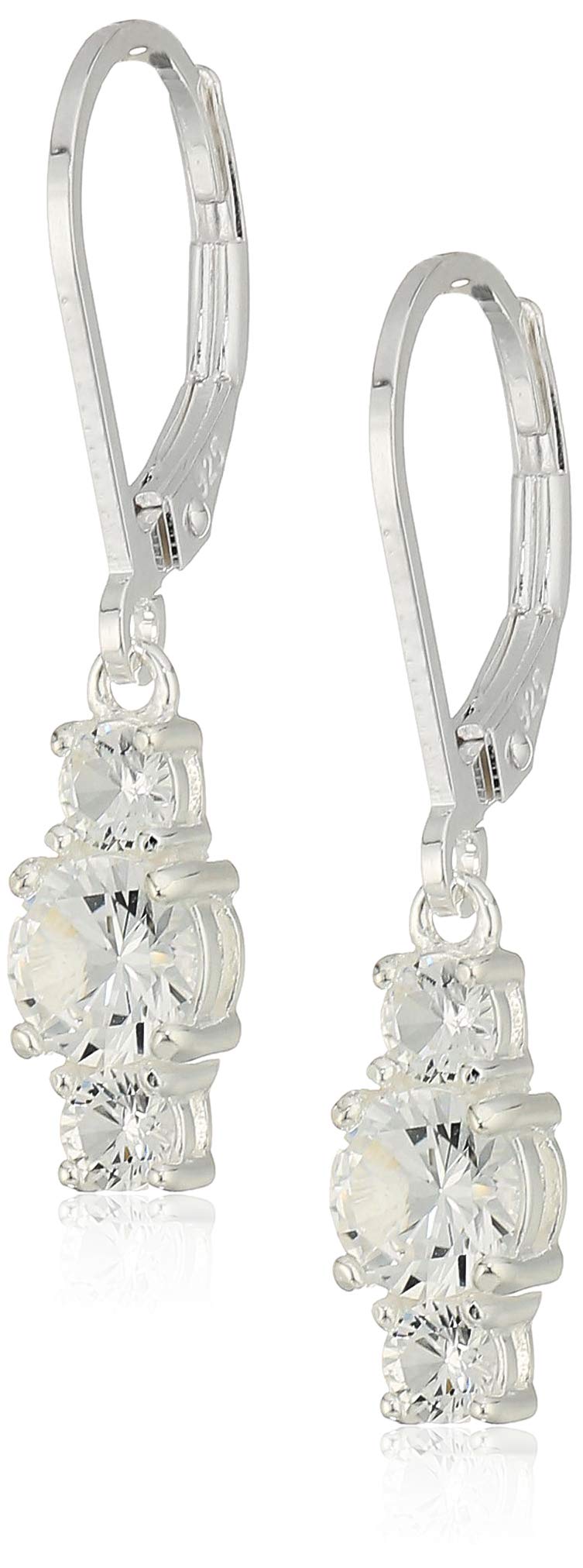 Amazon Essentials Sterling Silver Created White Sapphire 5mm and 3mm Three Stone April Birthstone Leverback Dangle Earrings, (previously Amazon Collection)