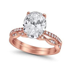 Blue Apple Co. Wedding Engagement Bridal Set Band Ring Oval Round CZ Rose Tone 925 Sterling Silver, Size - 10