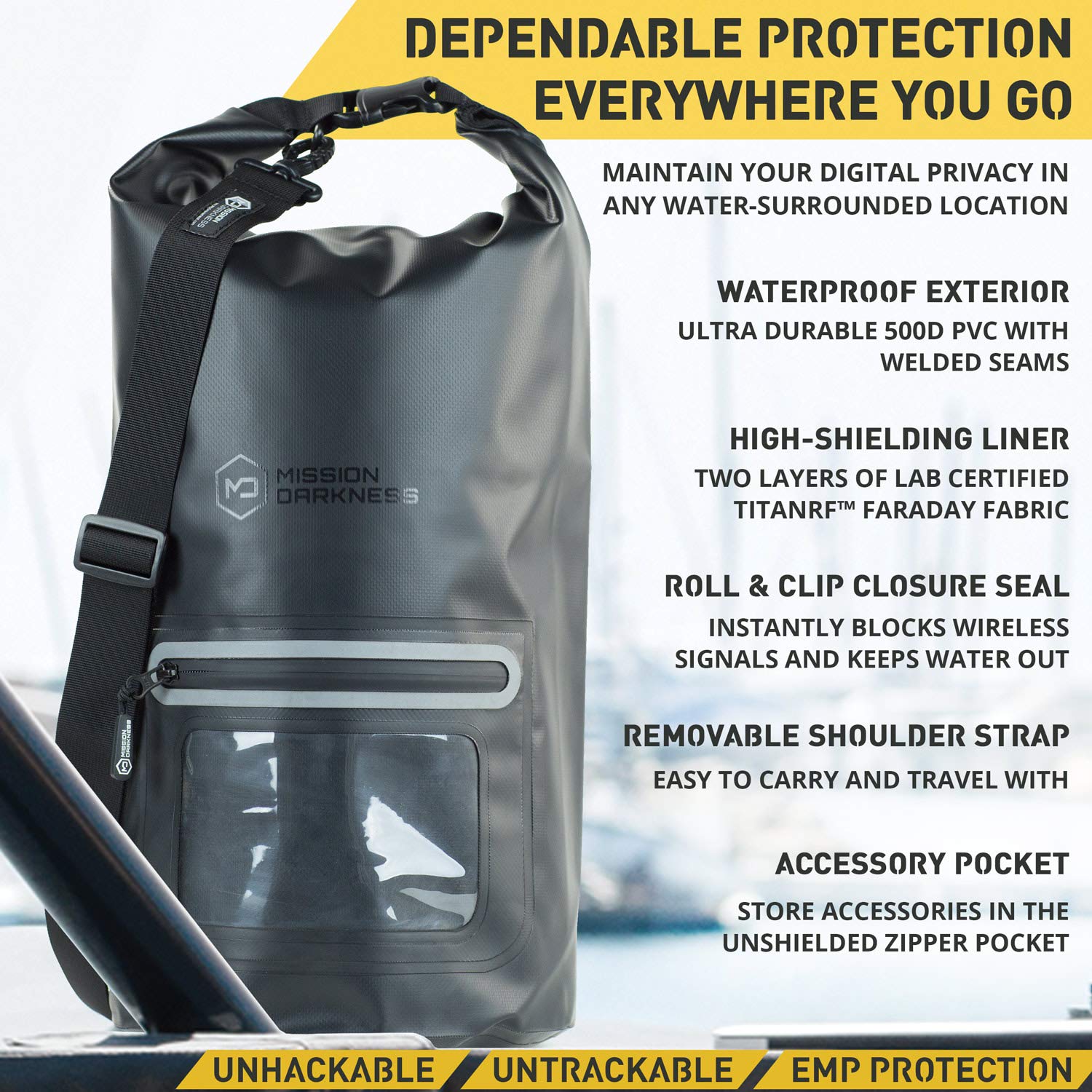 Mission Darkness Dry Shield Faraday Tote 15L // Waterproof Dry Bag for Electronic Device Security & Transport // Signal Blocking, Anti-Tracking, EMP & CME Shield, Data Privacy for Mobile Devices