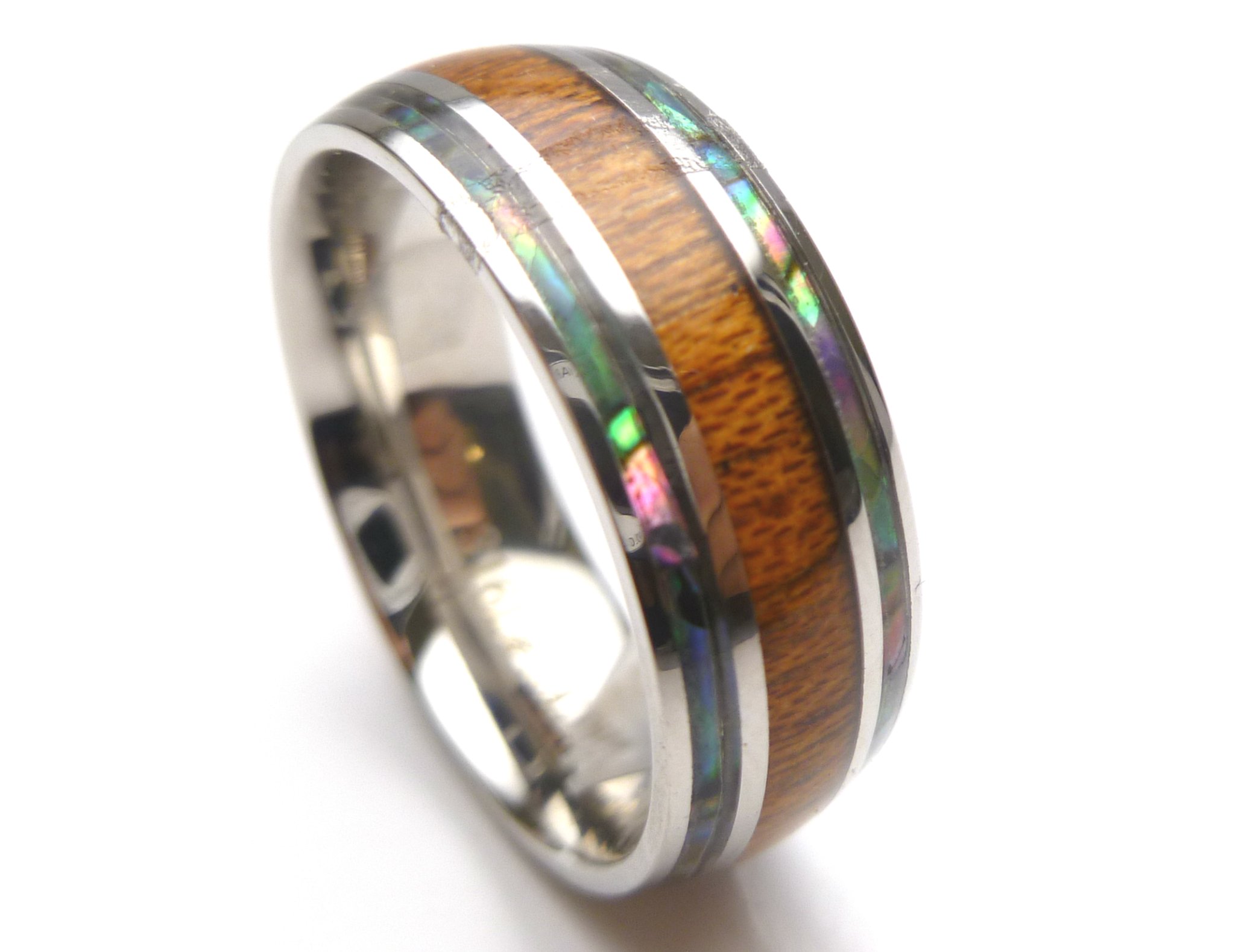 Aloha Passion Natural Koa Wood and Abalone Shell Stainless Steel -8mm Wide - Wedding, Engagement, or Promise Ring (5)