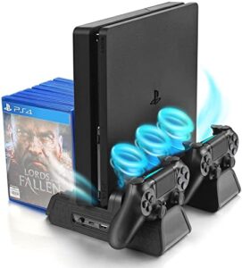 urwoow vertical stand for ps4/ps4 slim/ps4 pro - cooling fan with ps4 charger controller charging station with game storage (black)