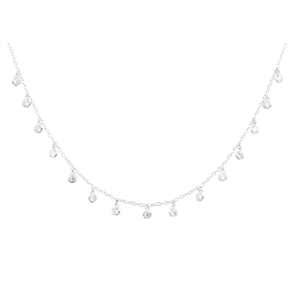 Joy and Rachel Platinum Plated 925 Sterling Silver Round Cubic Zirconia Bezel CZ by Yard Drop Dangle Station Collar Necklace, Adjustable Length 18,19,20