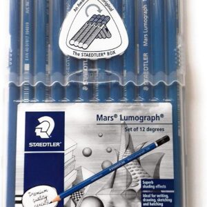 Wooden Lead Pencil By Staedtler Mars Lumograph - Pack of 12 Degrees in Practical Plastic Storage Box with Staedtler Tub Sharpener and Rasoplast Eraser