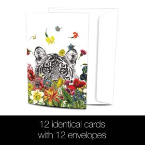 Tree-Free Greetings 12 Pack All Occasion Notecards,Eco Friendly,Made in USA,100% Recycled Paper, 4"x6", White Tiger Flowers (FS56930)