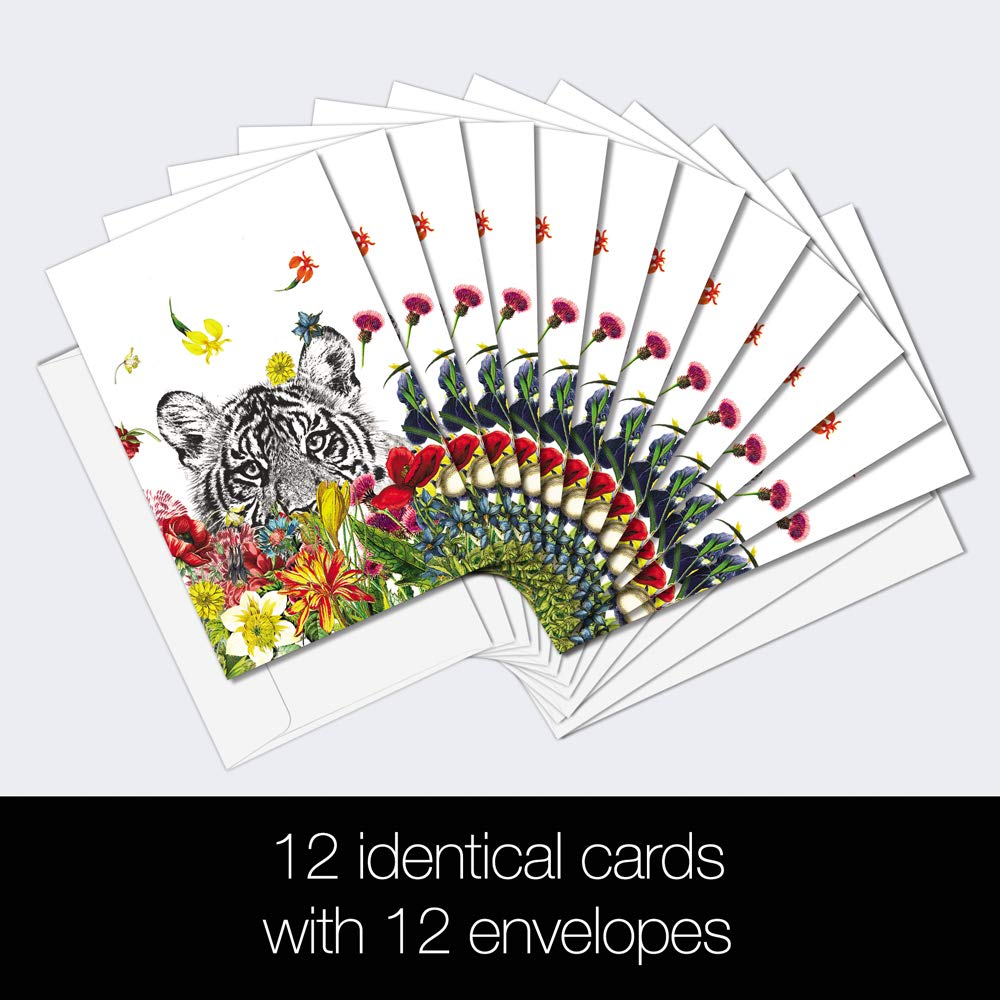 Tree-Free Greetings 12 Pack All Occasion Notecards,Eco Friendly,Made in USA,100% Recycled Paper, 4"x6", White Tiger Flowers (FS56930)