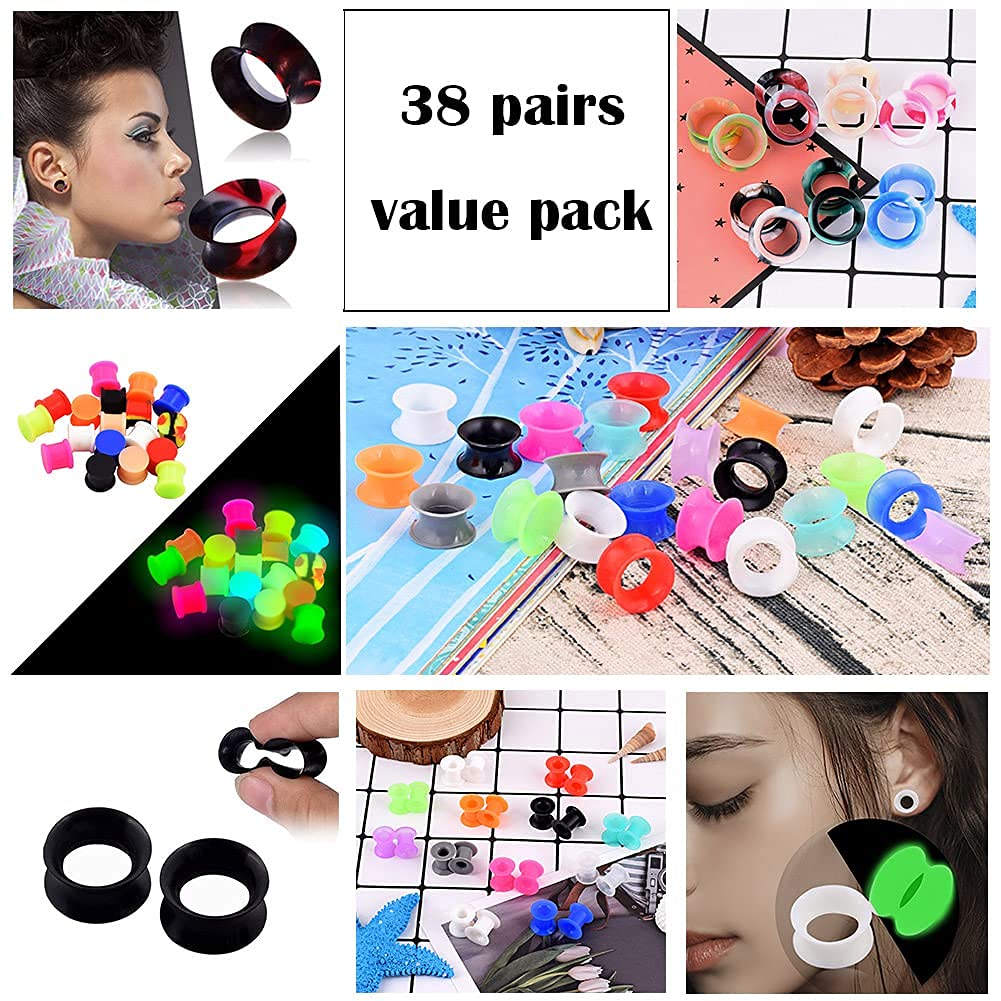 Qmcandy 38 Pairs Colorful Silicone Tunnels Plugs Hollow Saddle Soft Thick Ear Piercing Expander Gauges 2g