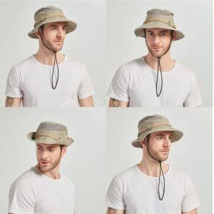 KeepSa Sun Hat for Men, Cotton Embroidery Summer Outdoor Sun Protection Wide Brim Bucket Hat Foldable Safari Boonie Hat Khaki