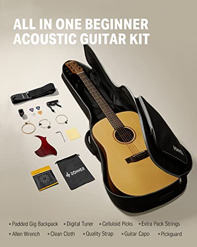 Donner Acoustic Guitar for Beginner Adult Full Size Dreadnought Acustica Guitarra Starter Bundle Kit with Gig Bag Strap Tuner Capo Pickguard String 4 Picks Cloth, Right Hand 41 Inch Natural, DAG-1