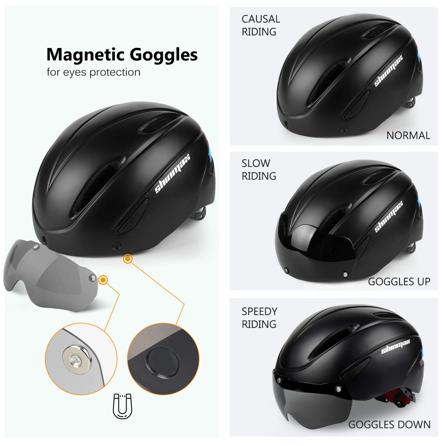 Shinmax Bike Helmet for Men Women, Bicycle Helmet with Detachable Magnetic Goggles for Adult Road Biking Mountain Cycling Helmet (BC-001)