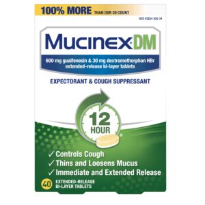 Mucinex DM 12-Hour Expectorant and Cough Suppressant Tablets, 40 ct (Pack of 2)