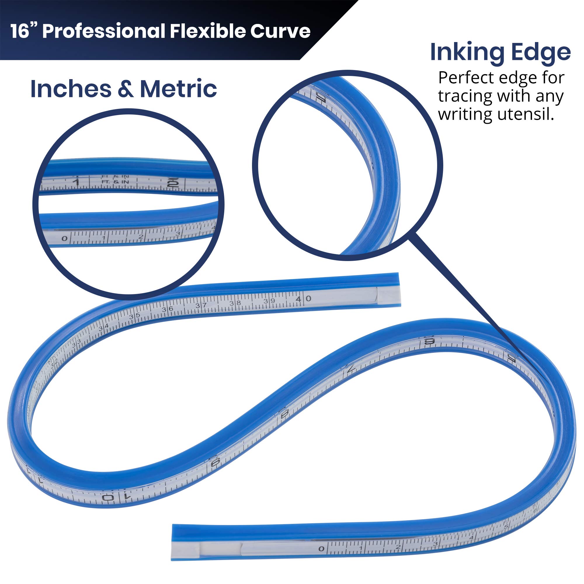 Pacific Arc Flexible Curve Graduated 16 Inch Ruler with Inking Edge, for Drawing, Pattern Making, Engineering, Stencil Making, Saddle Fitting